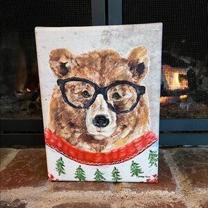 George Bear Canvas Art with Glasses by Kathryn White - Red and Brown